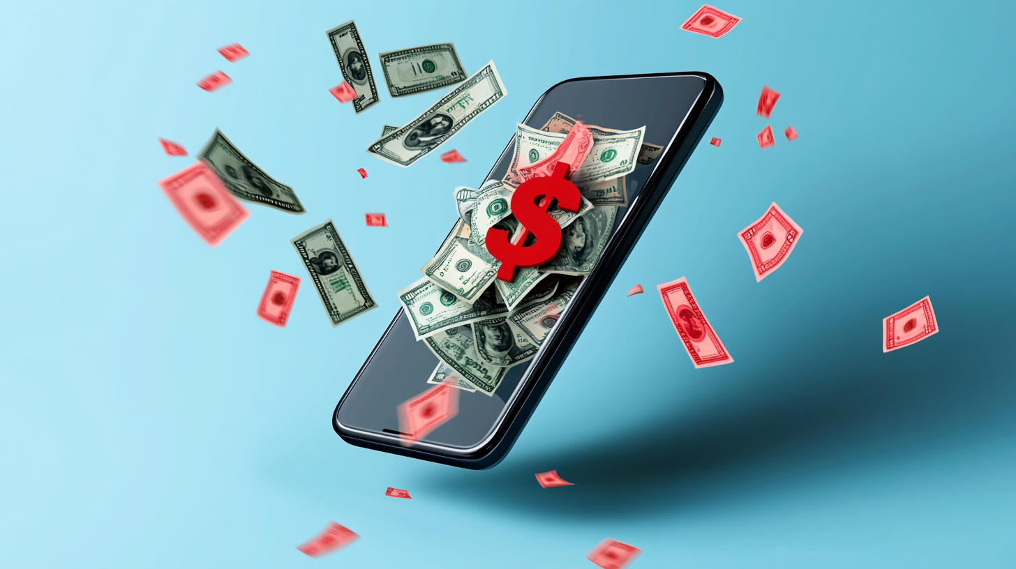 a cellphone with dollar bills flying out of it